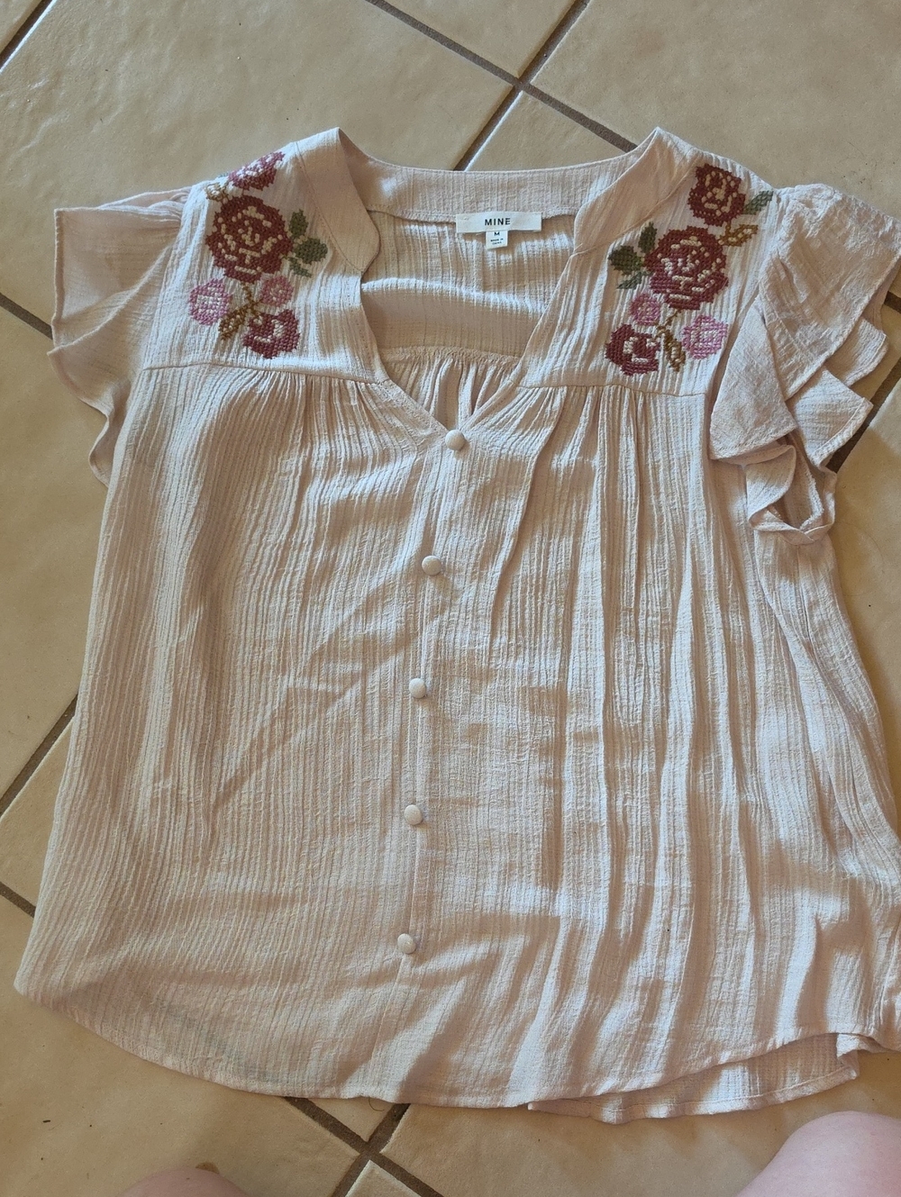 MINE Light Blush Floral Embroidered Button Front Blouse